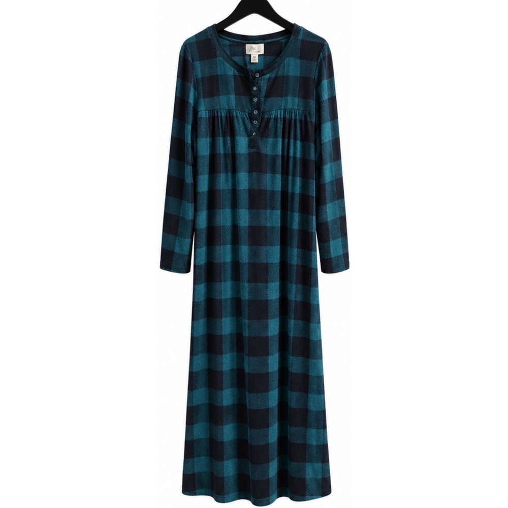 Aria Collection Womens Teal Buffalo Plaid Henley Long Sleeve Nightgown M